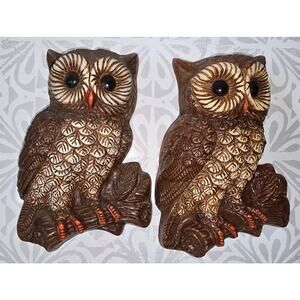 Vintage 1970s Owl Wall Plaques – Set of 2 – Retro Brown & Cream Lightweight